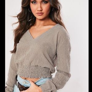 💓Brown Gingham Shirred Hem Crop Top💓